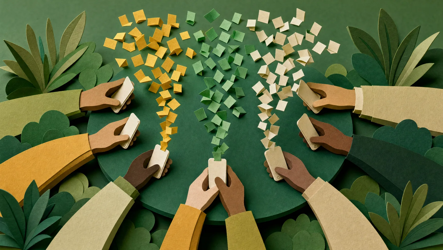 Paper-craft illustration: a circle of hands holding phones around a table, folded idea slips rising into three clusters
