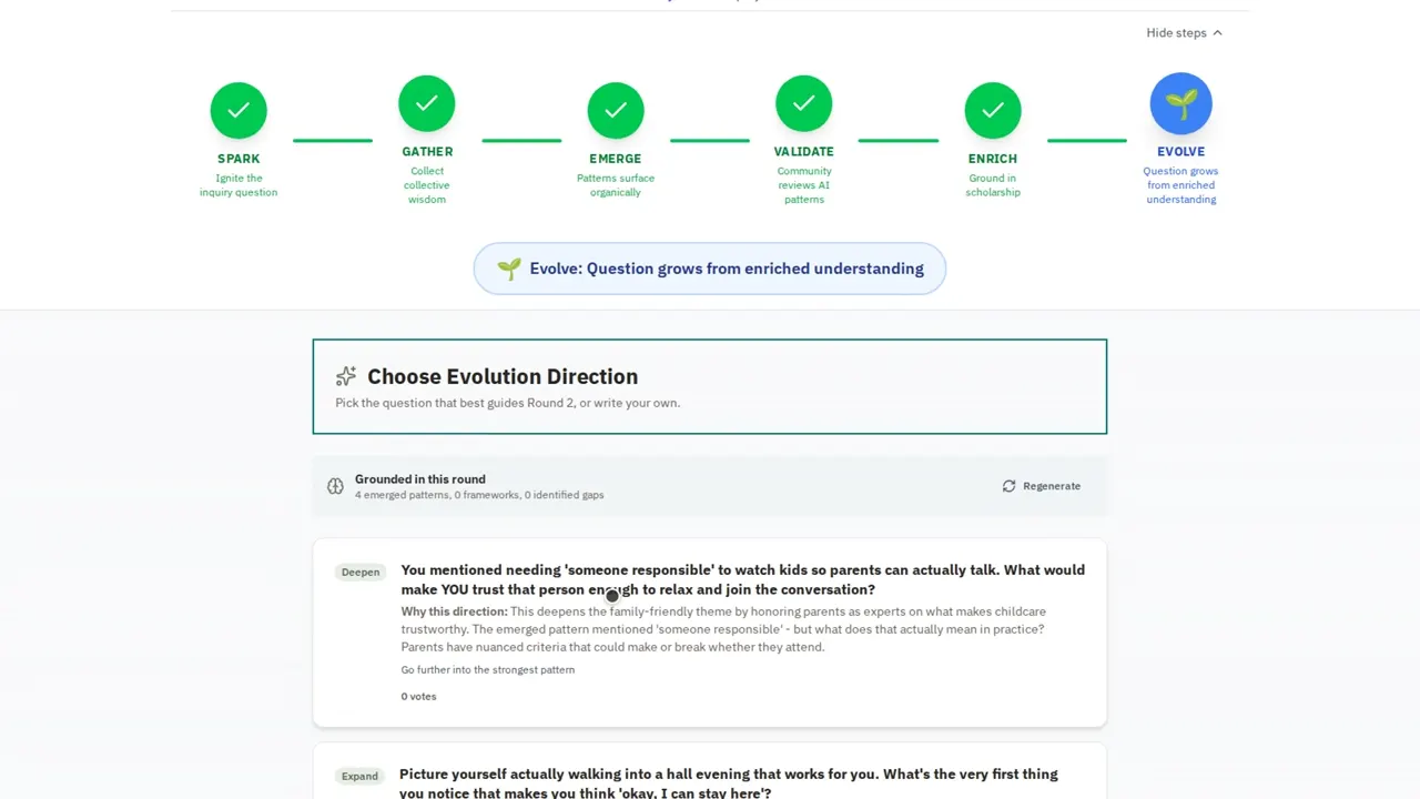 Play the IdeaJar video: four candidate next questions, one per evolution direction